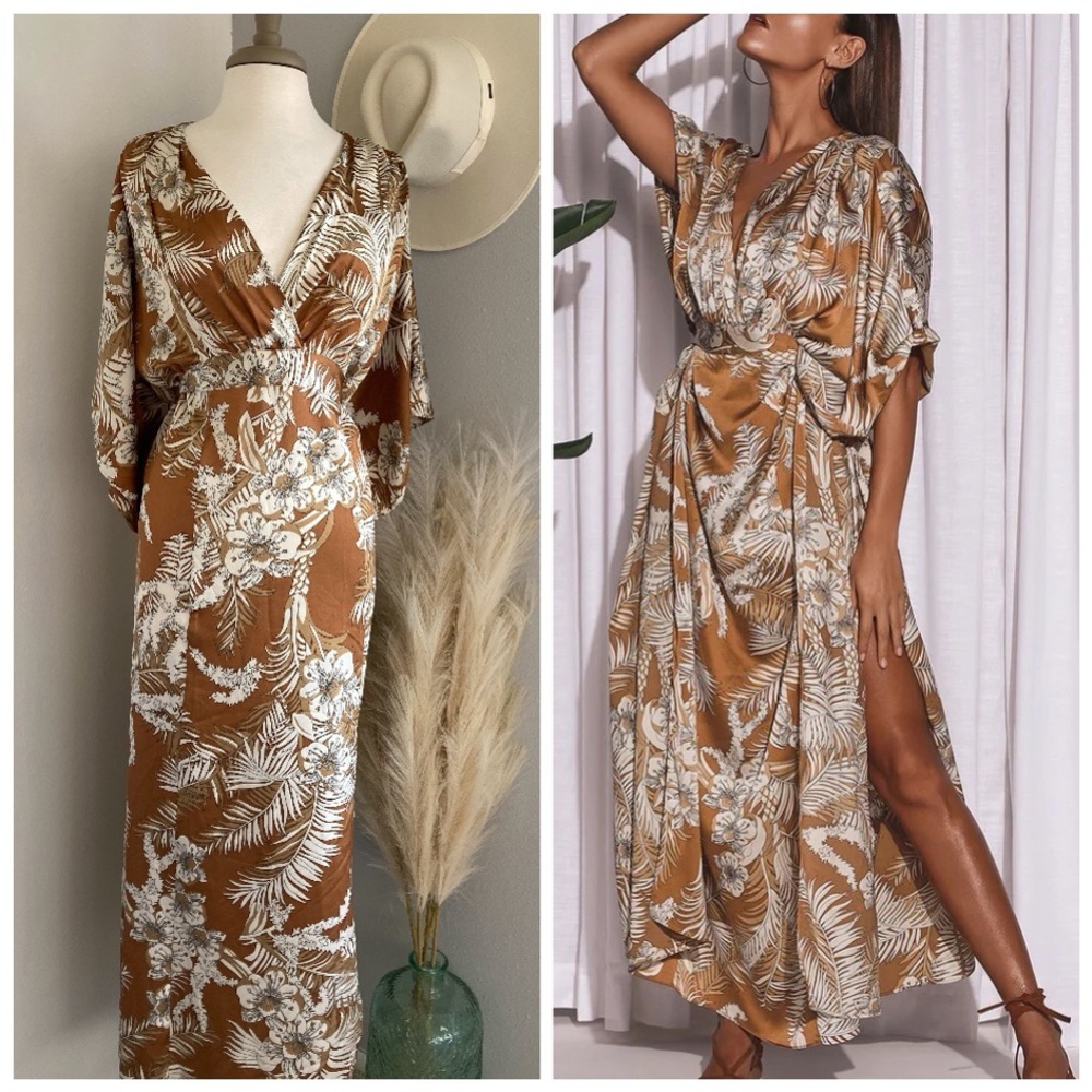 Lulus Take A Holiday Tan Tropical Print Maxi Dress